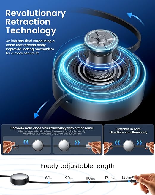 CAFELE Retractable Charging Cable, 100W USB C Fast Charger Cable 3 in 1 with [30-130cm] Adjustable Length, Multi-Port Cord for Laptop, Phone, Car, Travel - PD3.1/QC5.0（Grey）