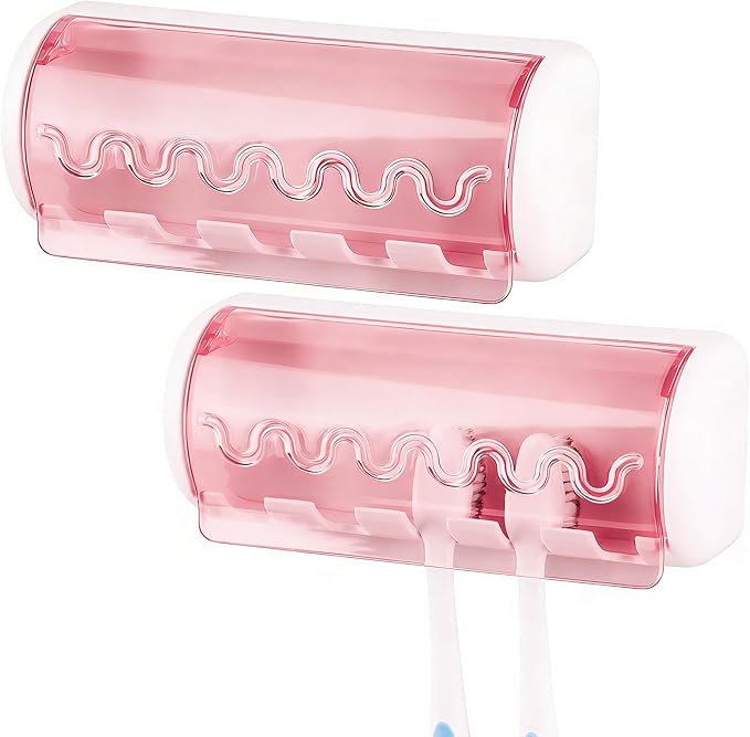 2 PCS Self Adhesive Toothbrush Holder with Cover for Bathroom, 5-Slot Wall Mounted Toothbrush Organizer Rack for Shower, Dorm, Cabinet (Pink)