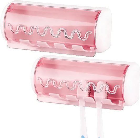 2 PCS Self Adhesive Toothbrush Holder with Cover for Bathroom, 5-Slot Wall Mounted Toothbrush Organizer Rack for Shower, Dorm, Cabinet (Pink)