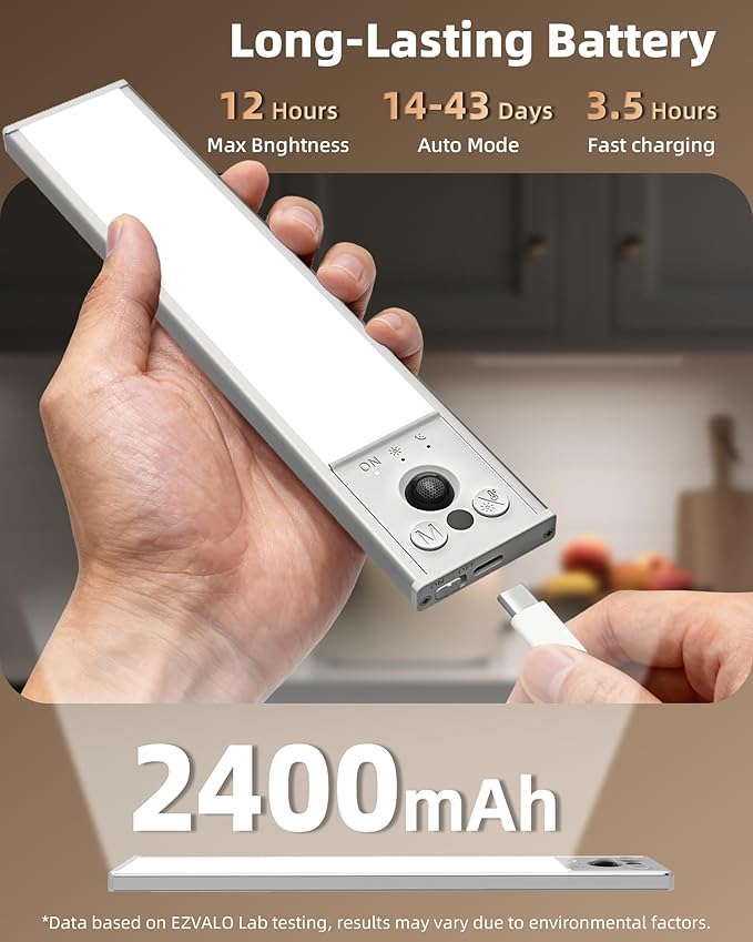 EZVALO 4-Pack Under Cabinet Lights, 2400mAh Rechargeable Motion Sensor Light Indoor, Wireless Closet Lights, with 3 Color Temps, Dimmable, Magnetic, Under Counter Lights for Kitchen, Stairs (8-inch)