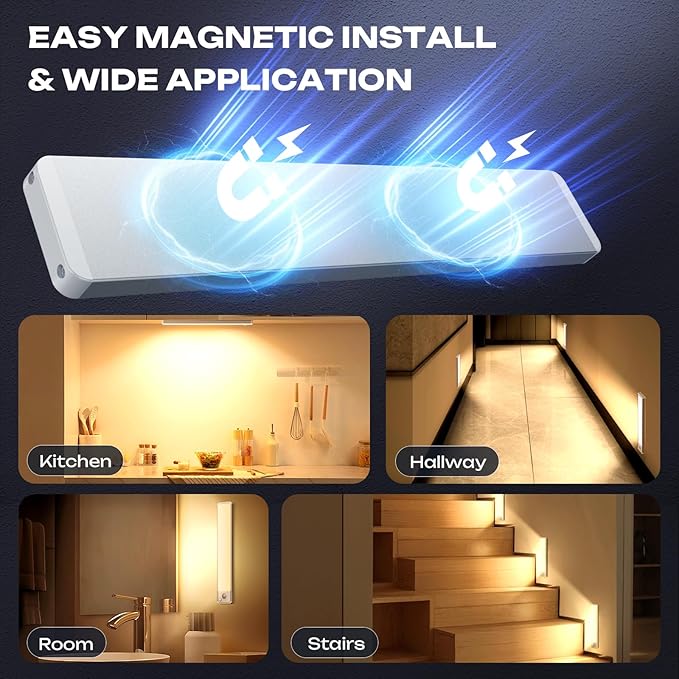 Under Cabinet Lighting Wireless LED Motion Sensor Magnetic Light 2500maAh Rechargeable Indoor Closet Lights for Kitchen, Stairs (2, Warm White, 14 Inch)
