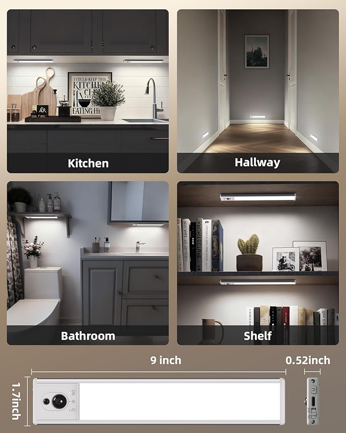 EZVALO 5-Pack Under Cabinet Lighting, 2400mAh Motion Sensor Light, LED Closet Lights Wireless, 6500K Dimmable, Timer, Magnetic, with Remote Control for Kitchen, Closet, Stair