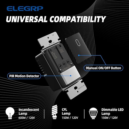 ELEGRP Occupancy Motion Sensor Light Switch, PIR Infrared Motion Activated Wall Switch, No Neutral Wire, Single Pole for CFL/LED/Incandescent Bulb, Wall Plate Included, UL Listed (1 Pack, Matte Black)