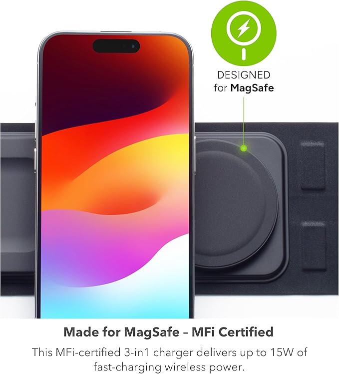 Mophie 3-in-1 Travel Charger v2 with MagSafe - Portable Wireless Charging Hub, Compatible with Apple Devices, iPhone 17/16/15/14/13/12, Apple Watch Series 11 to 1 & Ultra, AirPods Pro/3rd Gen, Black