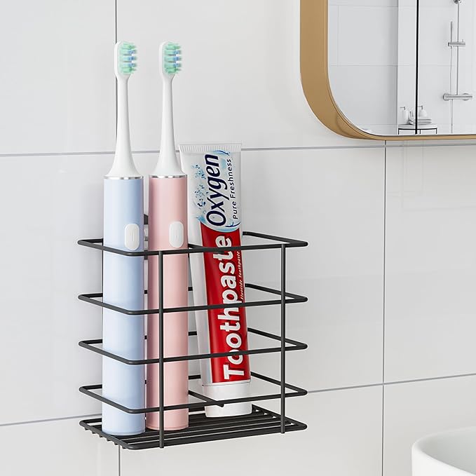 Shower Toothbrush Holder Wall Mounted, Adhesive Toothpaste Organizer for Bathroom Wall, Hanging Tooth Brush Holder Caddy with Drainage, Black RV Camper Bathroom Organizers and Storage