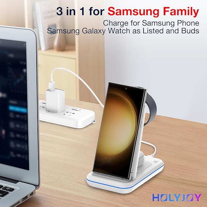 Wireless Charger for Samsung/Android, HOLYJOY Foldable 3 in 1 Fast Charging Station/Stand/Multi Charger for Samsung S25 Ultra/S24/Note 20,Travel Pad for Galaxy Watch 8/7/6/5/4/Active 2,For Buds(Ivory)