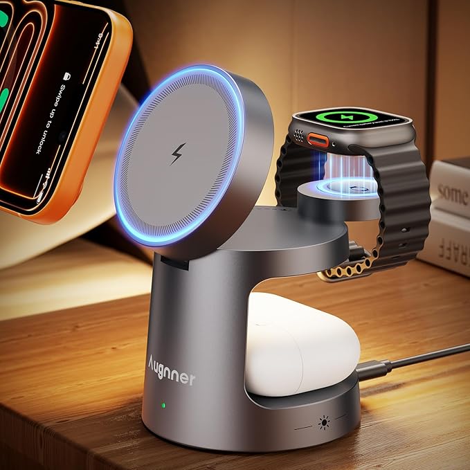 4 in 1 Charging Station Compatible with MagSafe Charger, Foldable Magnetic Wireless Charger with Night Lamp, 15W Fast Charging Stand for iPhone 17/16/15/14/13/12, Apple Watch, AirPods (20W Adapter)