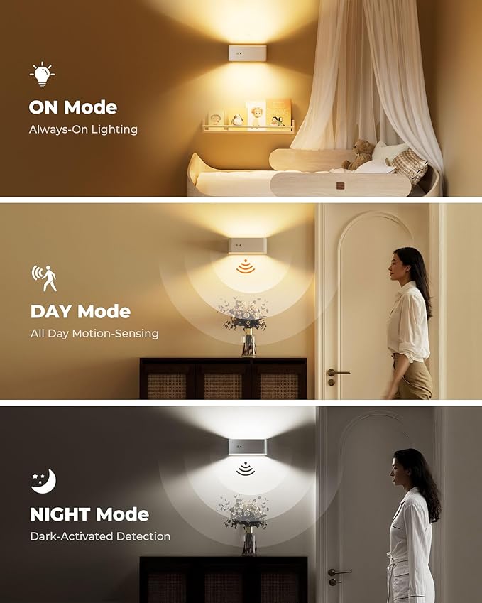 Motion Sensor Wall Sconce Indoor, 3 Colors Cordless Wall Lamp LED Wall Sconces Rechargeable Lamp, Remote Control, 8000mAh Battery Operated Wall Lights Brightness Adjustable for Bedroom White 1P