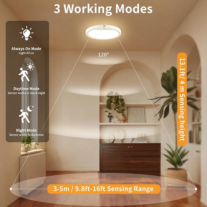 Meliya Rechargeable Motion Sensor Ceiling Light with Remote, 3000K 4000K 6500K Magnetic No Wiring LED Ceiling Light Battery Powered for Shower Stairs Hallway Porch Pantry Garage Patio Shed