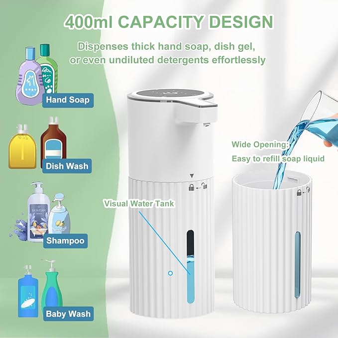 Automatic Soap Dispenser, Touchless Automatic Soap Dispenser,Soap Dispenser for Kitchen,Continuous Flow Control,400ml Capacity,Rechargeable Waterproof Adjustable Volume for Bathroom & Kitchen(Liquid)