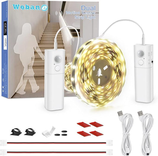 WOBANE Dual Motion Sensor Stair Lights Strip, Rechargeable 16.4ft LED Strip Lighting,150 LEDs Cuttable Tape Light for Hallway,Under Cabinet,Cupboard,Shelves,Gun Safe,Flexible,6000K White