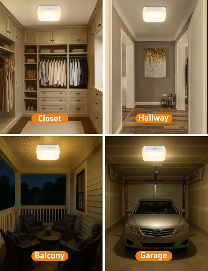 TOOWELL Rechargeable Motion Sensor Closet Light - 10000mAh Battery Operated Ceiling Light,500LM Warm White Wireless Ceiling Lights for Closet Shower Bathroom Pantry Hallway Porch Stair 3000K