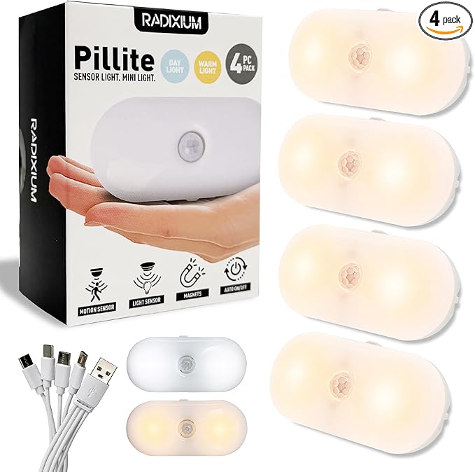 Rechargeable Motion Sensor Night Light, 2-Color White & Warm Toilet Light with Auto/On Mode, Magnetic & Adhesive Installation for Bathroom, Bedroom, Hallway (4 Pack)