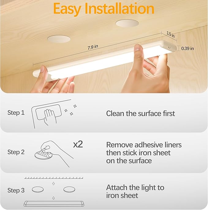 Motion Sensor Under Cabinet Lights, Magnetic Rechargeable Under Counter Closet Light, Wireless Night Light Bar Stick-On, 2-Pack, Warm White