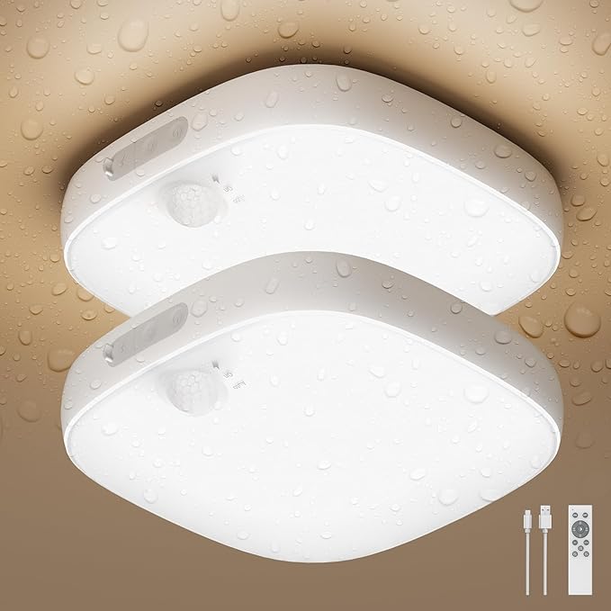 FULEN Shower Lights IP65 Waterproof, Motion Sensor Ceiling Light, Rechargeable Closet Light with 10000mAh Battery, LED Shower Lamp, Cordless Ceiling Lamp with RGB Colors, Remote Control, 2 Pack
