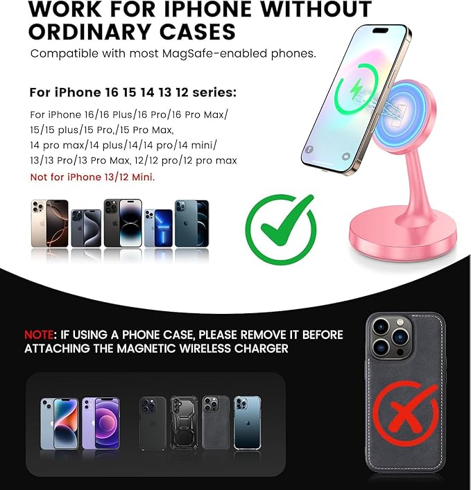 TXXTOL Magnetic Wireless Charger iPhone Stand, 15W Fast Mag-Safe Charger iPhone 17/17 Air/17 Pro/17 Pro Max 16/15/14/13/12 Series Magnet Wireless Charging Station/Pad/AirPods for Home, Office, Travel