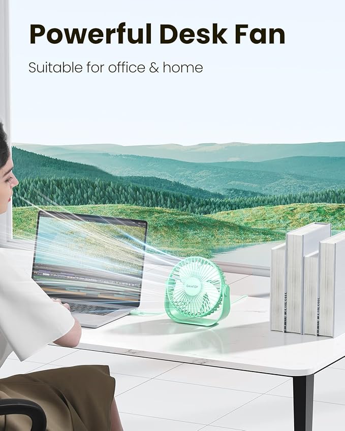 Gaiatop USB Desk Fan, 3 Speeds Strong Airflow, 5.5 Inch Portable 90° Rotate Quiet Cooling, Small Personal Table Fans for Bedroom Home Office Travel Green