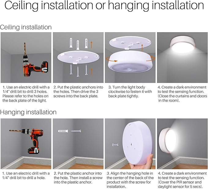 STAR-SPANGLED 6.3” Motion Sensor Ceiling Light Indoor AA or D-Cell Battery Operated for Hallway, Stairs, Basement, Garage, Laundry Area, Closet, Natural White, AA to D Battery Adapters Included