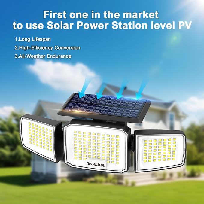 Solar Security Light Outdoor Super Bright LED, Motion Sensor Flood Light, 3 Heads 270° Wide Angle,Remote Control, IP65 Waterproof, 3 Modes (3 Packs)