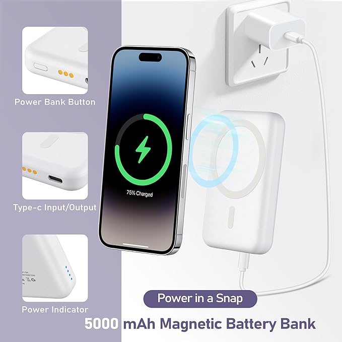 Smtcsl 3 in 1 Wireless Charging Station: 5000mAh Removable Power Bank Charger Stand for Phone/Watch/Air Pods - Portable Magnetic Battery Pack for Air 17 16 15 14 13 12 Series White
