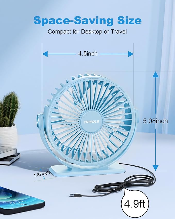TriPole Small Desk Fan USB Powered Mini Portable Fan, 3 Speeds Strong Breeze Electric Fans, 360° Rotation Quiet Plug In Personal USB Cooling Fans for Desktop Bedroom Office Table Travel Cruise, Blue