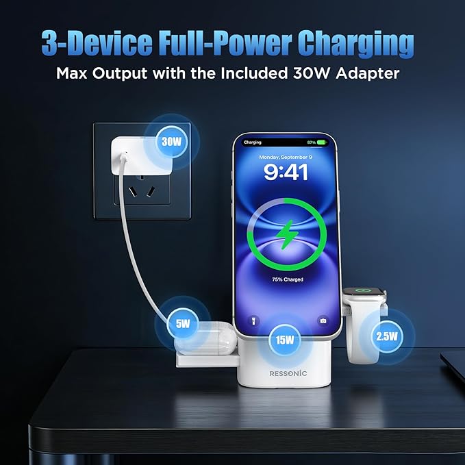 3 in 1 Wireless Charging Station for Apple & Samsung, 15W Fast Magnetic Wireless Charger Stand for Magsafe iPhone 17/16/15/14/13/12 Pro Max, Galaxy S25/24/23/22, AirPods, iWatch (with 30W Adapter)
