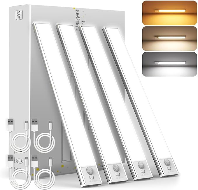 Under Cabinet Lighting Wireless, 4 Pack Under Cabinet Lights Rechargeable, Motion Sensor Light Indoor, 3 Color Temps, 5 Levels Dimmable Magnetic Closet Lights, Under Counter Lights for Kitchen, Stairs