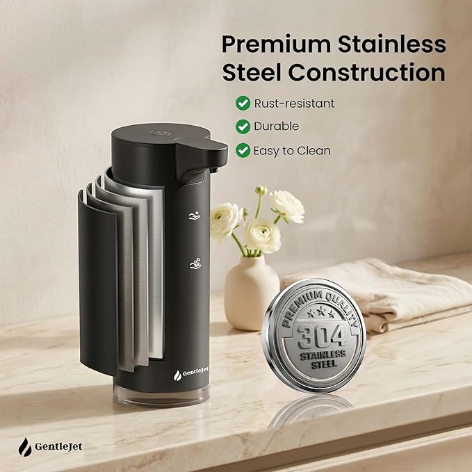 GentleJet EasyFoam Automatic Foaming Soap Dispenser, Touchless USB-C Rechargeable Sensor Pump, 304 Stainless Steel, Adjustable Foam, IPX5 Water-Resistant for Bathroom & Kitchen, 10 fl oz / 300 mL