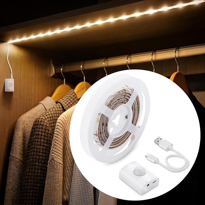 LUXJET Rechargeable Motion Sensor Wardrobe Light, 3.3ft Flexible LED Strip with 30LED, PIR and Light Sensor, Warm White Night Light for Bedroom, Kitchen, Wall, Closet, Cabinet