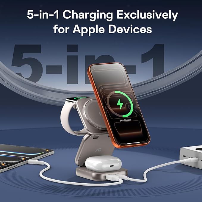 5-in-1 Wireless Charger for MagSafe, AC ISLAND Portable Travel Charging Station, 35W Max Qi2 Fast Foldable Magnetic Stand, Evolved for iPhone 17-12 Series, Apple Watch, AirPods (with 35W Adapter)