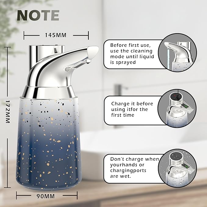 Adjustable Automatic Soap Dispenser Touchless, Ceramic Material，4 Adjustable Levels， Type-c Rechargeable Operated Sensor Liquid Soap Pump，Touch-Free Hand Sanitizer Dispenser (Starry Silver)