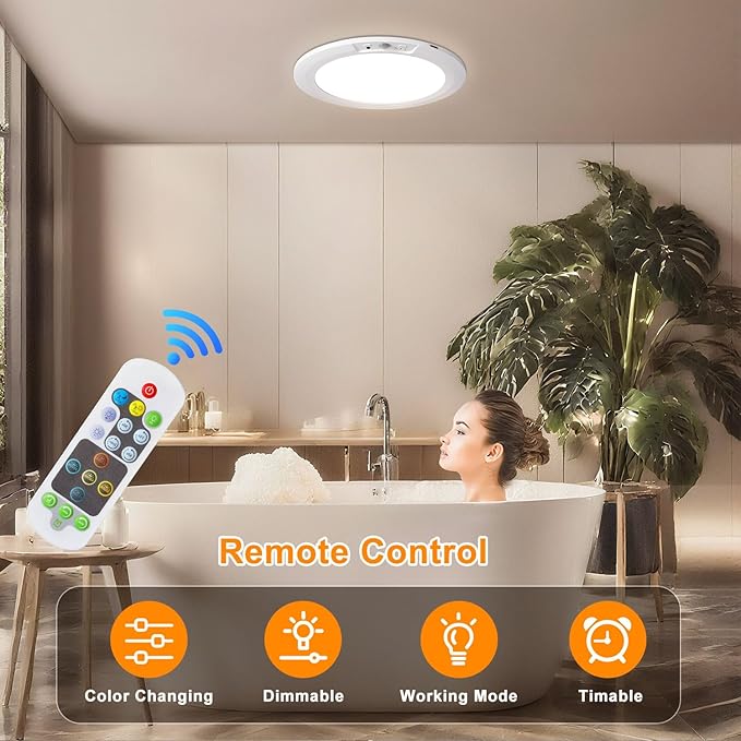 Rechargeable Motion Sensor Ceiling Light, 5 Colors Wireless Battery Operated Shower Lights with Remote, Magnetic Closet Light for Closet Shower Bathroom Hallway, 2 Pack