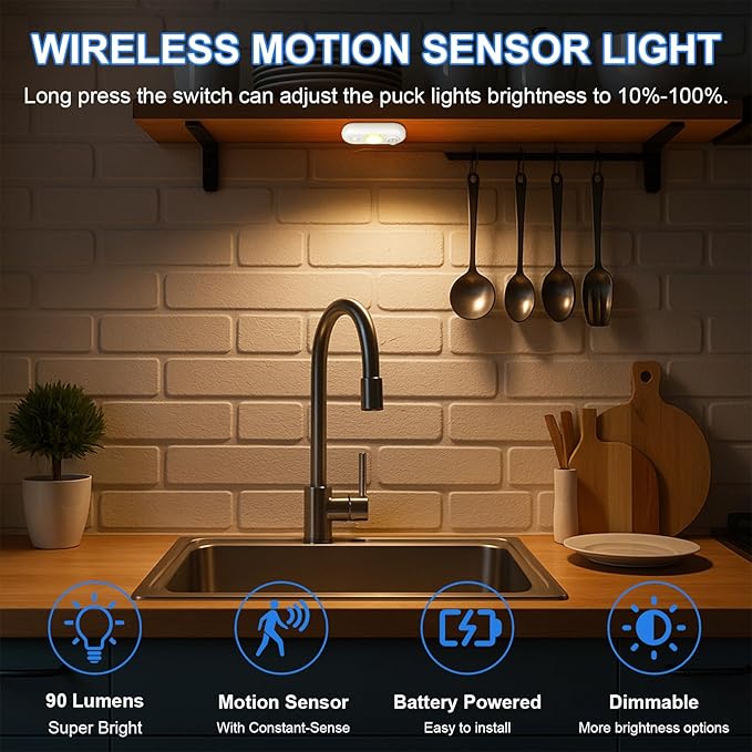 LED Motion Sensor Light Indoor, Magnetic Under Cabinet Lighting Warm White, Dimmable Rechargeable Puck Lights for Closet, Kitchen, Stairs(6 Pack)