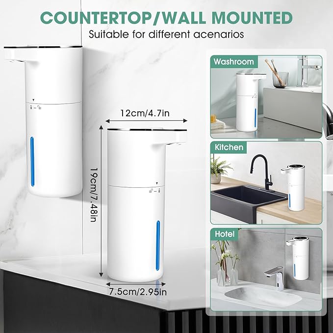 4 Pack Touchless Automatic Liquid Soap Dispenser, 13.5oz Smart Sensor Hand Wash Dispenser, USB Rechargeable & Adjustable for Bathroom Kitchen Sink, White