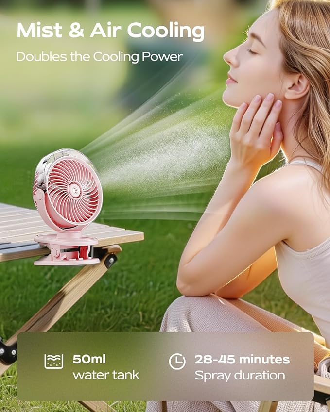 SWEETFULL Portable Misting Clip On Fan, USB-C Rechargeable Mini Personal Cooling Fan with 4 Speeds, 360° Rotatable, Quiet Cooling for Outdoor, Camping, Golf Cart, Travel, Stroller & Desk (Pink)