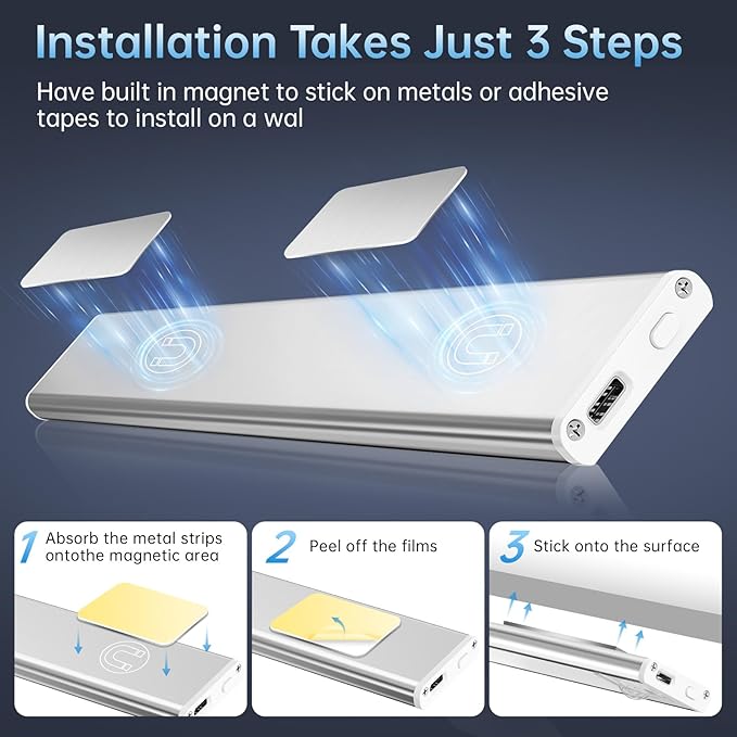 Under Cabinet Lighting,74 LED 2200mAh Rechargeable,Motion Sensor Light,3 Colors Dimmable,Magnetic Closet Lights,Indoor Night Lights for Kitchen Bedroom Stairs 5 Pack