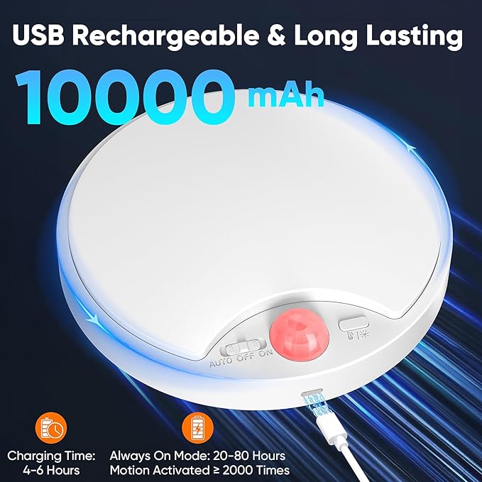 2 Pack 10000mAh Rechargeable Motion Sensor Ceiling Light with Remote, Battery Operated Closet Light No Wiring, Magnetic Wireless LED Ceiling Lights, 3 Color Overhead Lamp for Shower Pantry Hallway