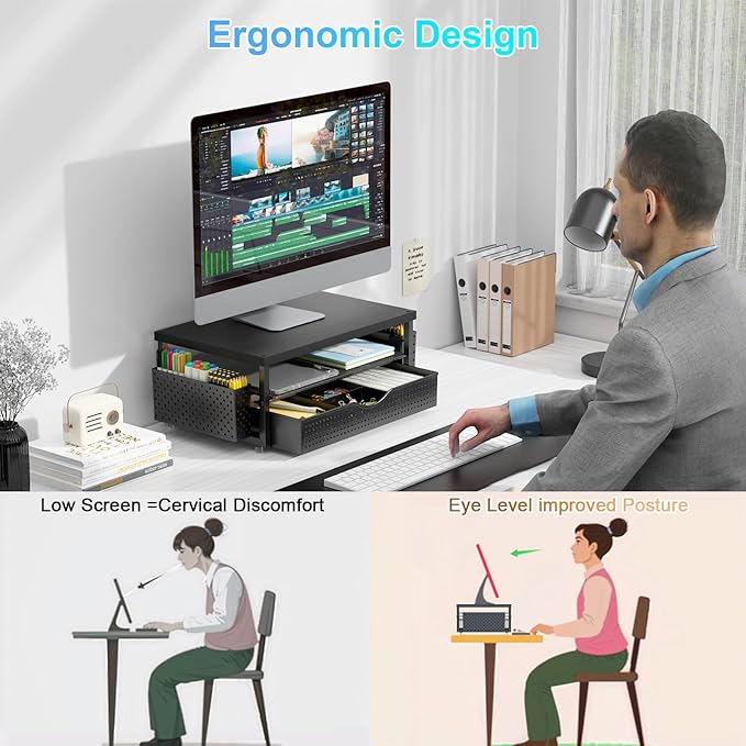 gianotter Monitor Stand Riser, Office Desk Shelf Organizer, Desk Organizer with Drawer and Pen Holder, 2-Tier Computer Stand, Office Organization (Ink)