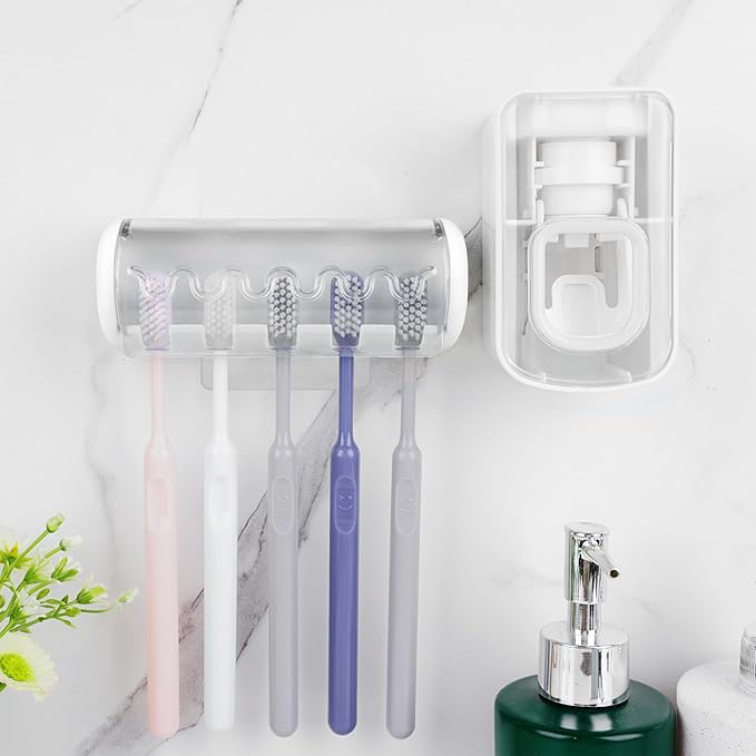 5 Slots Wall Mount Toothbrush Holder with Cover, Self Adhesive Toothbrush Storage Organizer for Shower, Toothbrush Hanger with Automatic Toothpaste Squeezer Dispenser (White)
