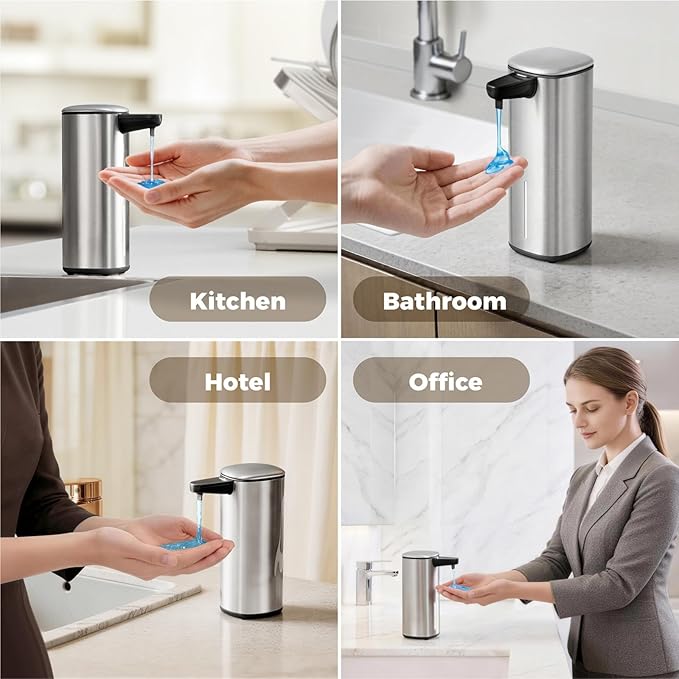 Sineng Automatic Soap Dispenser Touchless, 304 Stainless Steel Liquid Hand Soap Dispenser, 8.5oz/250ml 2 Adjustable Levels Water-Resistant and Rechargeable Kitchen Bathroom Soap Dispenser