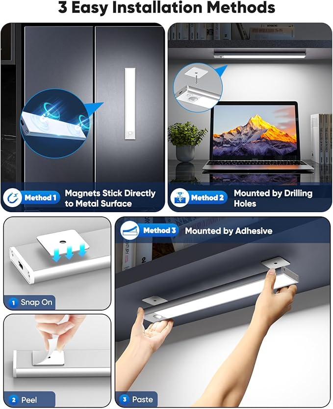 12'' Under Cabinet Lights, 2500mAh LED Battery Operated Rechargeable Motion Sensor Lights Indoor, Magnetic Dimmable Closet Light, Wireless Under Counter Cupboard Night Light for Kitchen, Stair, 3 Pack