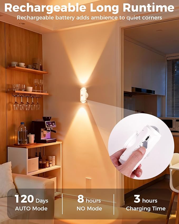 Motion Sensor Wall Light, Rechargeable Wireless Sconce Set of 2, Wireless No Hardwire 3CCT Wall Lamps, Magnetic Battery Operated Indoor Lighting for Hallway, Stairs, Bedroom, Bathroom, Closet Decor