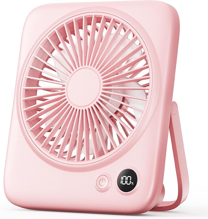 Otlonpe Portable Desk Fan 6.5 Inch, 4000mAh Rechargeable Battery Operated & USB Powered, 23Hrs Cordless Small Personal Fan 4-Speed Quiet for Office Travel Home Sleeping, Led Display, Foldable (Pink)