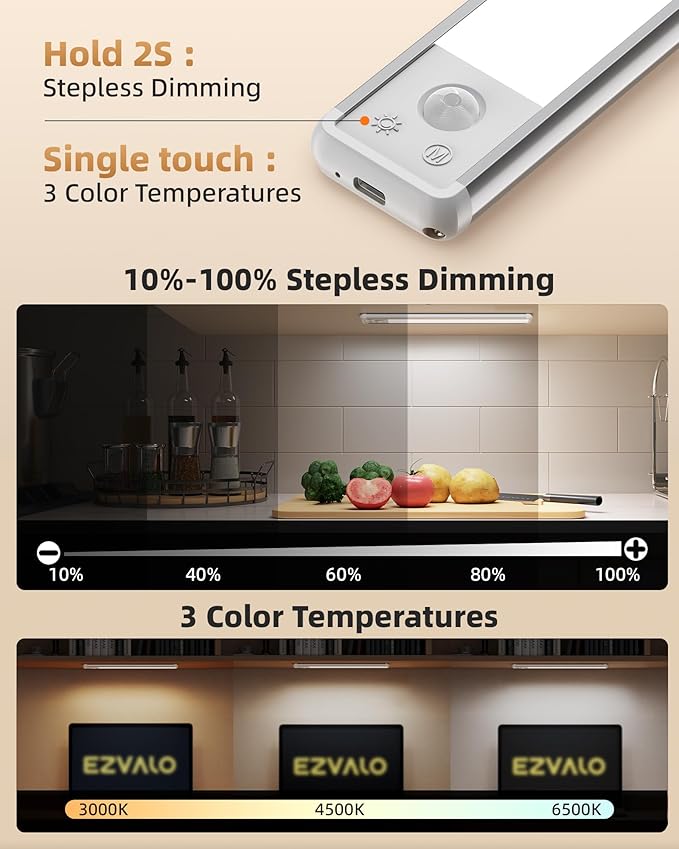 EZVALO 4-Pack Under Cabinet Lighting, 12-inch Motion Sensor Light, 2400mAh Rechargeable, 3 Color Temperatures, Dimmable, Magnetic Wireless Lighting for Kitchen, Closet, Pantry, Stairs