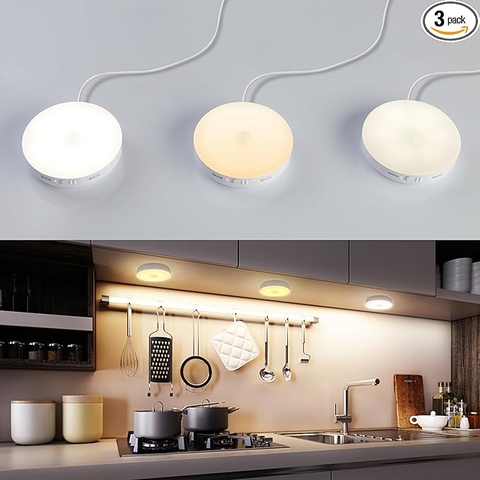 Homelist 3 Pack Under Cabinet Lighting Plug in, Motion Sensor Lights Indoor with Remote Control, LED Wired Stick-On Closet Lights for Kitchen/Shelf/Bar/Cupboard