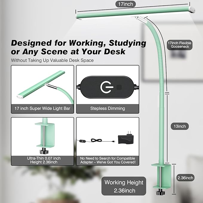 Airlonv LED Desk Lamp for Office Home, Eye-Caring Desk Light with Stepless Dimming Adjustable Flexible Gooseneck, 10W USB Adapter Desk Lamp with Clamp for Reading, Study, Workbench (Mint Green)