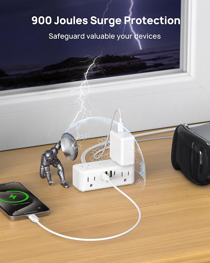 TROND 20W USB C Power Strip Surge Protector - 5ft Flat Plug Extension Cord with Multiple 6 Outlet, 4 USB, 900 Joules, 3 Sided Design, Mountable, Compact for Home Office Travel Dorm Room Essentials