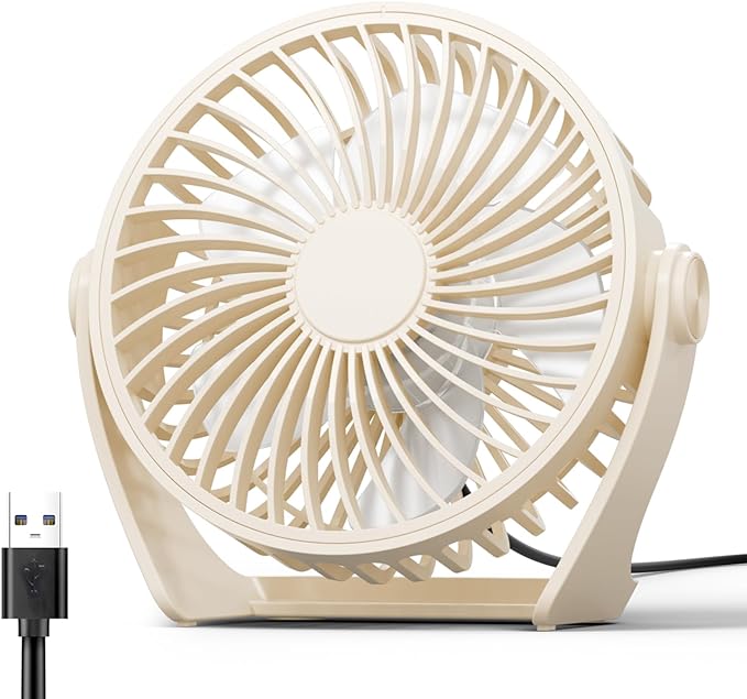 Edvision USB Desk Fan, 5 Inch Small Portable, 3 Speeds Powerful Wind Mini Personal Desktop Fan 360° Rotation Adjustable, Plug In USB Fan Quiet for Table Home Office Travel Car(Beige)