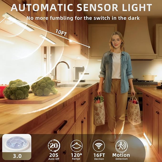 12inch Under Cabinet Lighting, 4 Pack Rechargeable Motion Sensor Light Indoor, Wireless Dimmable Magnetic Closet Lights, 50 LED Under Counter Lights for Kitchen, Wardrobe, Stairs, Warm Light