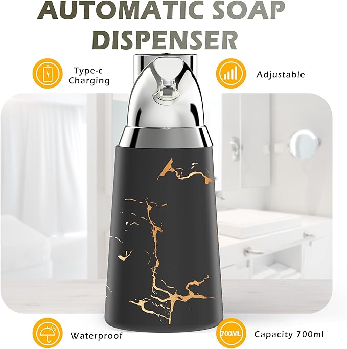 Adjustable Automatic Soap Dispenser Touchless, Ceramic Material，4 Adjustable Levels， Type-c Rechargeable Operated Sensor Liquid Soap Pump，Touch-Free Hand Sanitizer Dispenser (Black Silver)